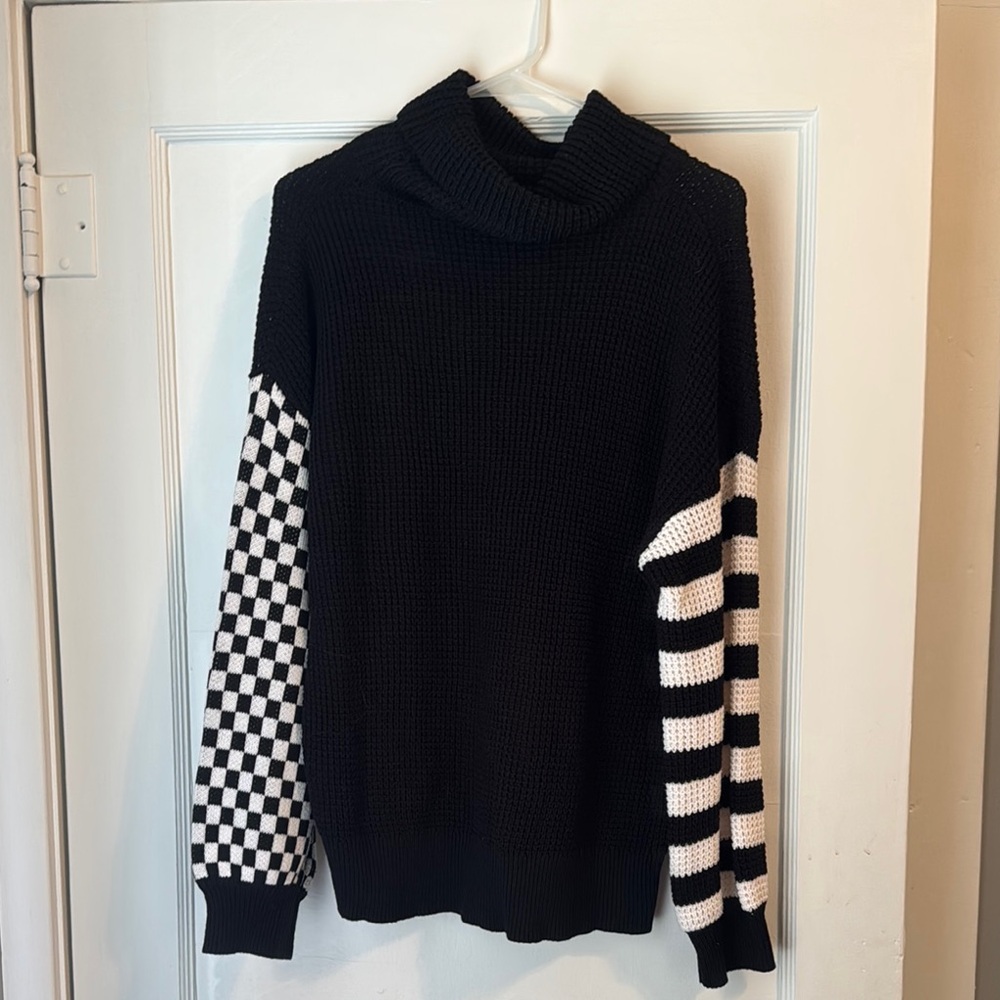 Black and White Asymmetrical Cowl Neck Sweater